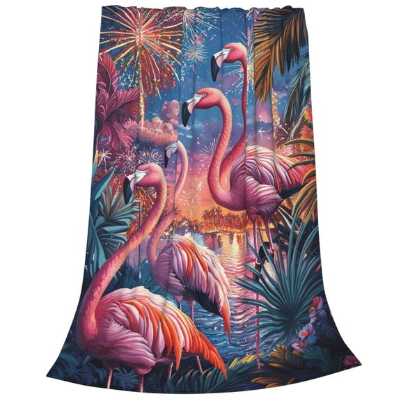 Tropical Pink Flamingo Flannel Blanket - Summer Firework Celebration Fleece Throw for Couch Chair, Coastal Decor 50x40