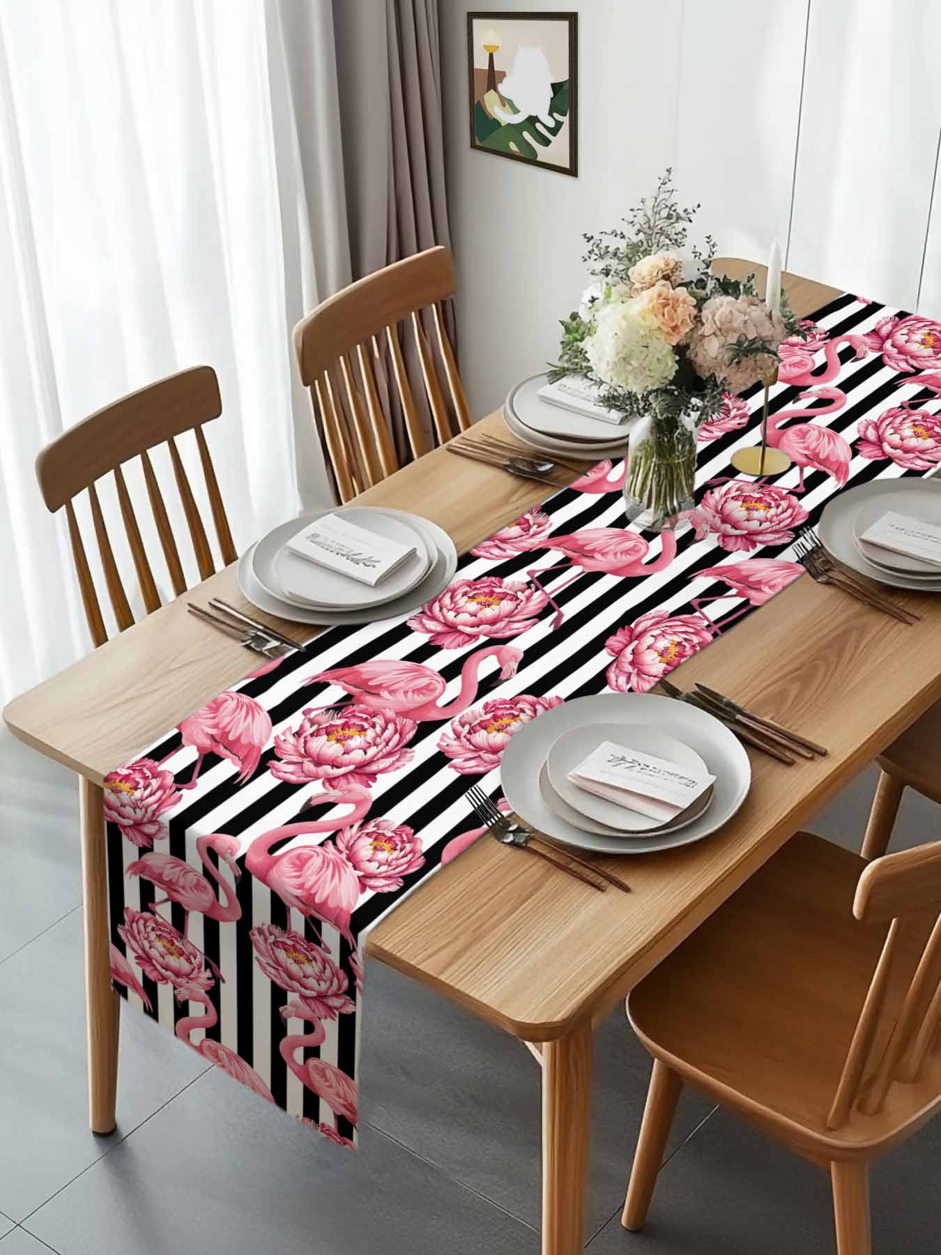 Tropical Pink Flamingo Flower Table Runner 90 Inches Long, White Black Modern Stripe Table Runners Tabletop Scarf Kitchen Dining Tables Decoration for Home Party Indoor Outdoor
