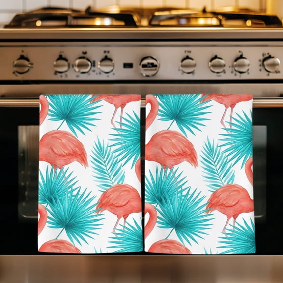 Tropical Pink Flamingo Kitchen Towels Set of 1, Summer Teal Palm Leaves Absorbent Dish Towels for Kitchen, Microfiber Hand Towel, Quick Drying Tea Towel for Cleaning Decorative Dishcloths