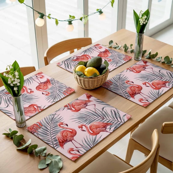 Tropical Pink Flamingo Palm Leaf Placemats Set of 4,Wipeable Washable Table Mats for Dining Tables, Summer Animal Plant Place Mats for Kitchen Event Party Tabletop Decor