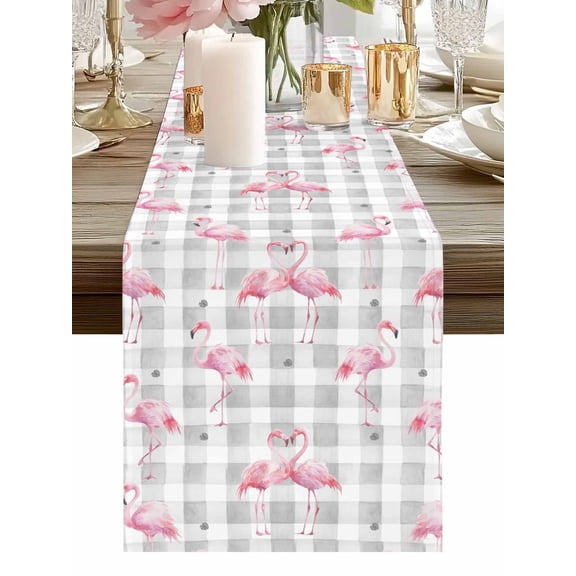 Tropical Pink Flamingo Seamless Table Runner-36 Inch Long Watercolor Palm Leaf Grey Check Table Runners Linen Burlap Tablerunner for Kitchen Dining Room Holiday Party