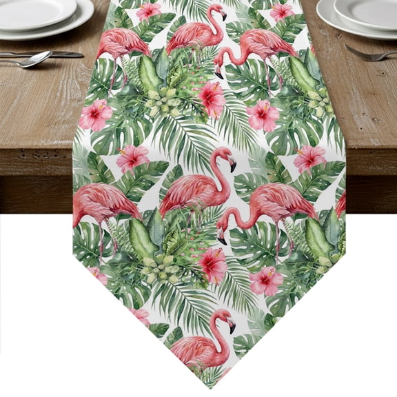 Tropical Pink Flamingo Table Runner Linen Burlap Table Runner 90 Inches Long Summer Palm Trees Botanical Dresser Scarves for Kitchen Island Coffee Dining Room Party Wedding Holiday Decoration 13"x90"