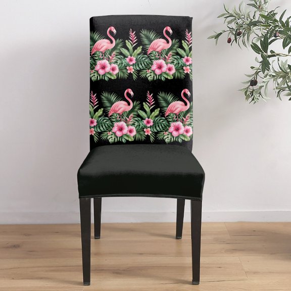 Tropical Pink Flamingos Dining Chair Covers Set of 8, Summer Rustic Green Monstera Leaf Flower Black Chair Covers for Dining Room Removable Seat Protectors Slipcovers for Home Party Wedding Banquet