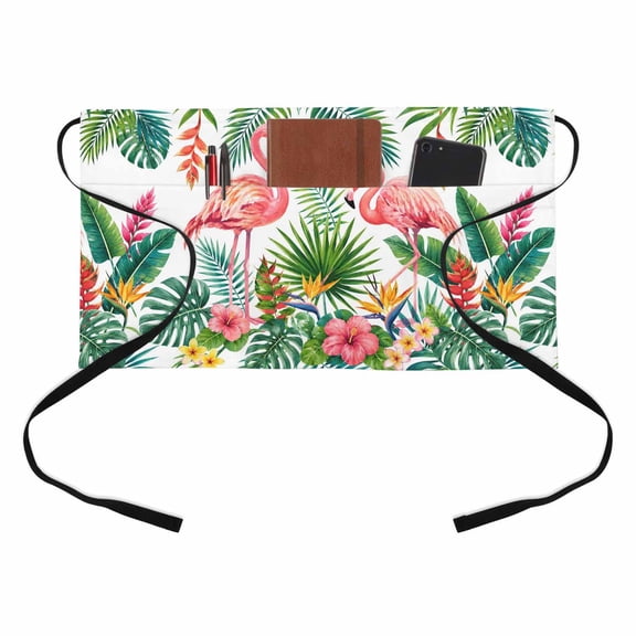 Tropical Pink Flamingos Kitchen Restaurant Half Waist Apron, Summer Red Green Yellow Monstera Leaf Flower Server Short Apron with 3 Pockets Waterproof Oil Waist Aprons for Women Waitress Waiter
