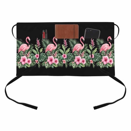 Tropical Pink Flamingos Kitchen Restaurant Half Waist Apron, Summer Rustic Green Monstera Leaf Flower Black Server Short Apron with 3 Pockets Waterproof Oil Waist Aprons for Women Waitress Waiter