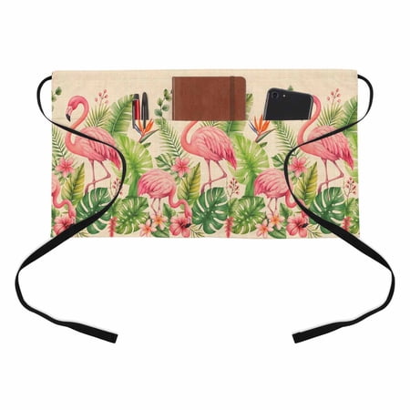 Tropical Pink Flamingos Kitchen Restaurant Half Waist Apron, Summer Vintage Rustic Green Monstera Leaf Flower Server Short Apron with 3 Pockets Waterproof Oil Waist Aprons for Women Waitress Waiter