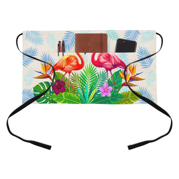 Tropical Pink Flamingos Kitchen Restaurant Half Waist Apron, Summer Vintage Teal Blue Monstera Leaf Flower Server Short Apron with 3 Pockets Waterproof Oil Waist Aprons for Women Waitress Waiter