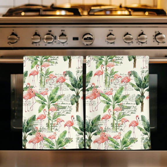 Tropical Pink Flamingos Kitchen Towels Set of 1, Summer Beige Coastal Palm Trees Absorbent Dish Towels for Kitchen, Microfiber Hand Towel, Quick Drying Tea Towel for Cleaning Decorative Dishcloths