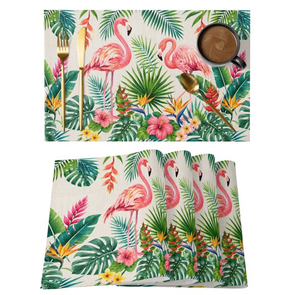 Tropical Pink Flamingos Placemats Set of 12, Summer Country Red Green Monstera Leaf Flower Non-Slip Place Mats Washable Table Mats for Kitchen Dining Table Decorations Indoor/Outdoor