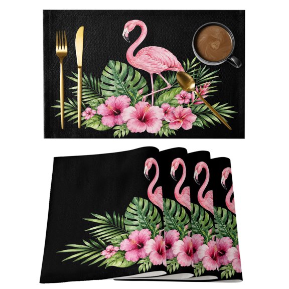 Tropical Pink Flamingos Placemats Set of 12, Summer Green Monstera Leaf Flower Black Night Non-Slip Place Mats Washable Table Mats for Kitchen Dining Table Decorations Indoor/Outdoor