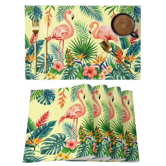 Tropical Pink Flamingos Placemats Set of 12, Summer Yellow Green Monstera Leaf Flower Non-Slip Place Mats Washable Table Mats for Kitchen Dining Table Decorations Indoor/Outdoor