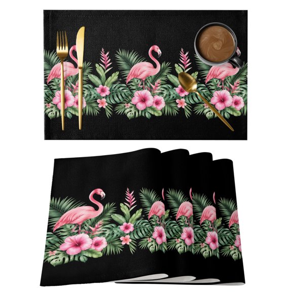 Tropical Pink Flamingos Placemats Set of 4, Summer Rustic Green Monstera Leaf Flower Black Non-Slip Place Mats Washable Table Mats for Kitchen Dining Table Decorations Indoor/Outdoor