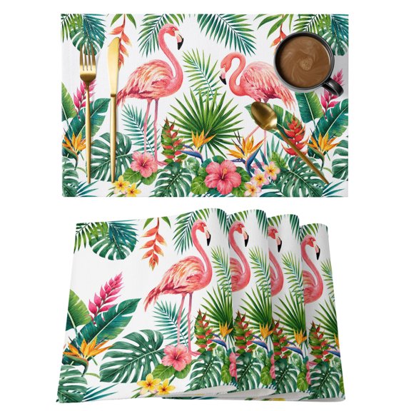 Tropical Pink Flamingos Placemats Set of 6, Summer Red Green Yellow Monstera Leaf Flower Non-Slip Place Mats Washable Table Mats for Kitchen Dining Table Decorations Indoor/Outdoor