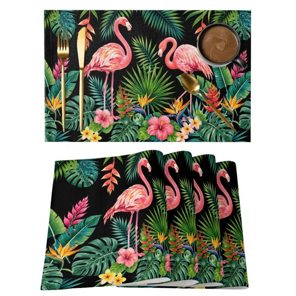 Tropical Pink Flamingos Placemats Set of 6, Summer Rustic Black Green Monstera Leaf Flower Non-Slip Place Mats Washable Table Mats for Kitchen Dining Table Decorations Indoor/Outdoor