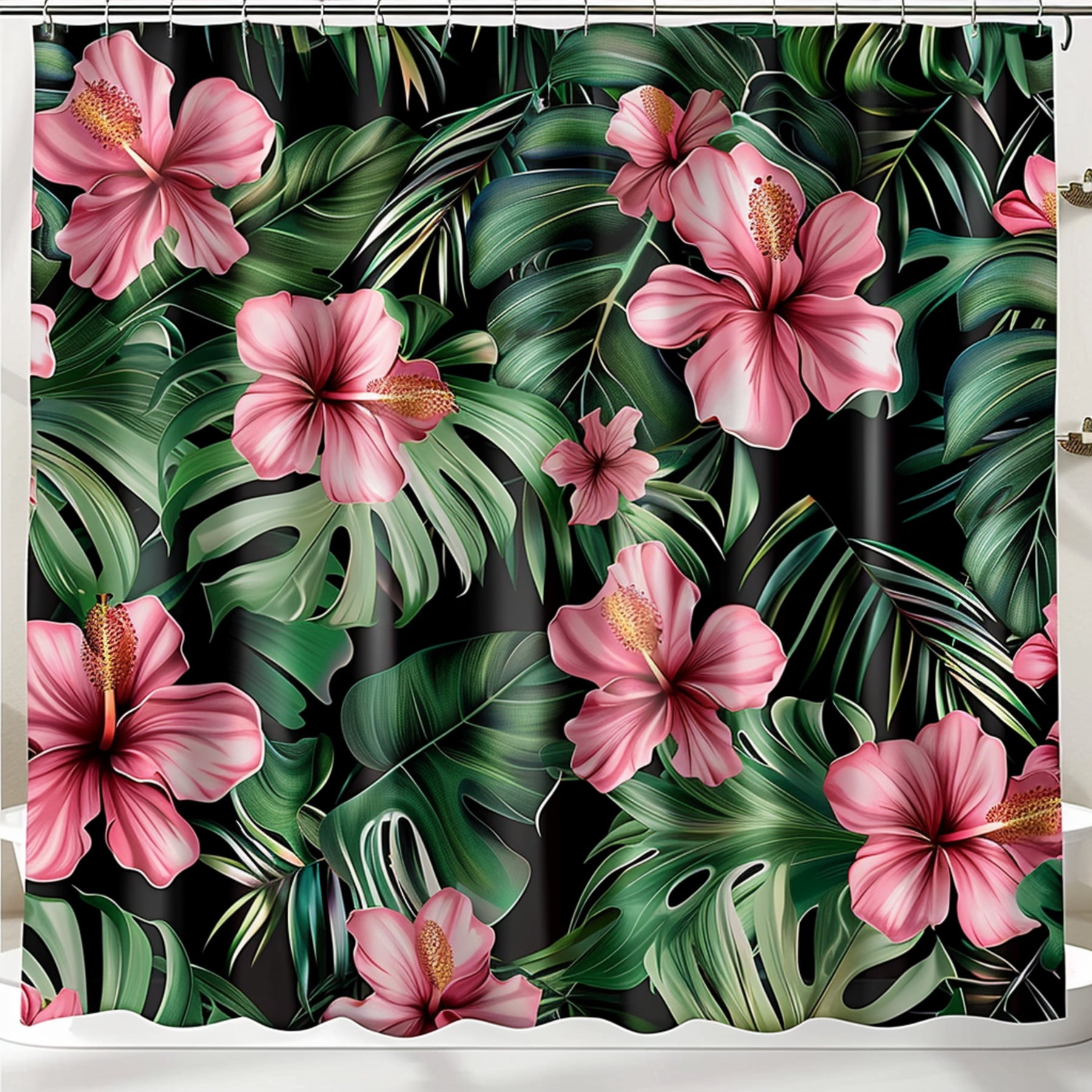 Tropical Pink Floral Bathroom Decor Set with Hibiscus and Palm Tree