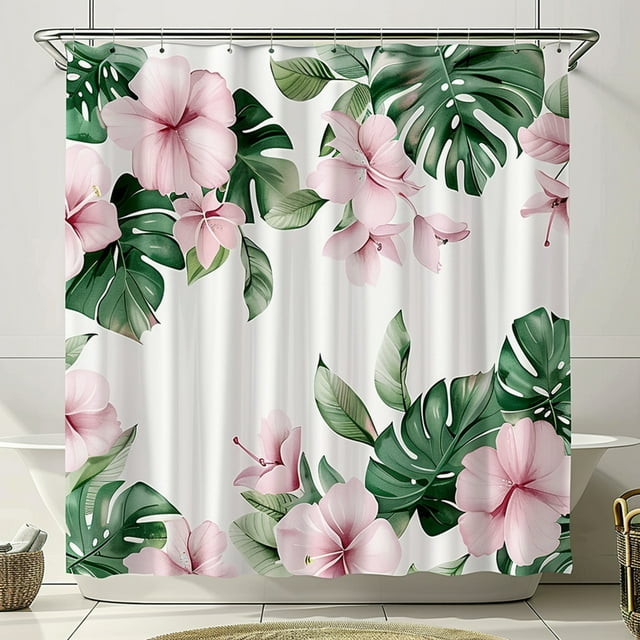 Tropical Pink Floral & Green Leaves Shower Curtain Monochrome Style ...