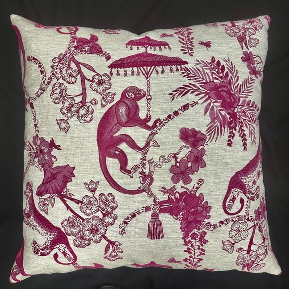 Tropical Pink Gray Monkey Leopard Landscape Woven Decorative Pillow, 17 x 18 in, Rectangular Double Sided Accent for Bed or Bench
