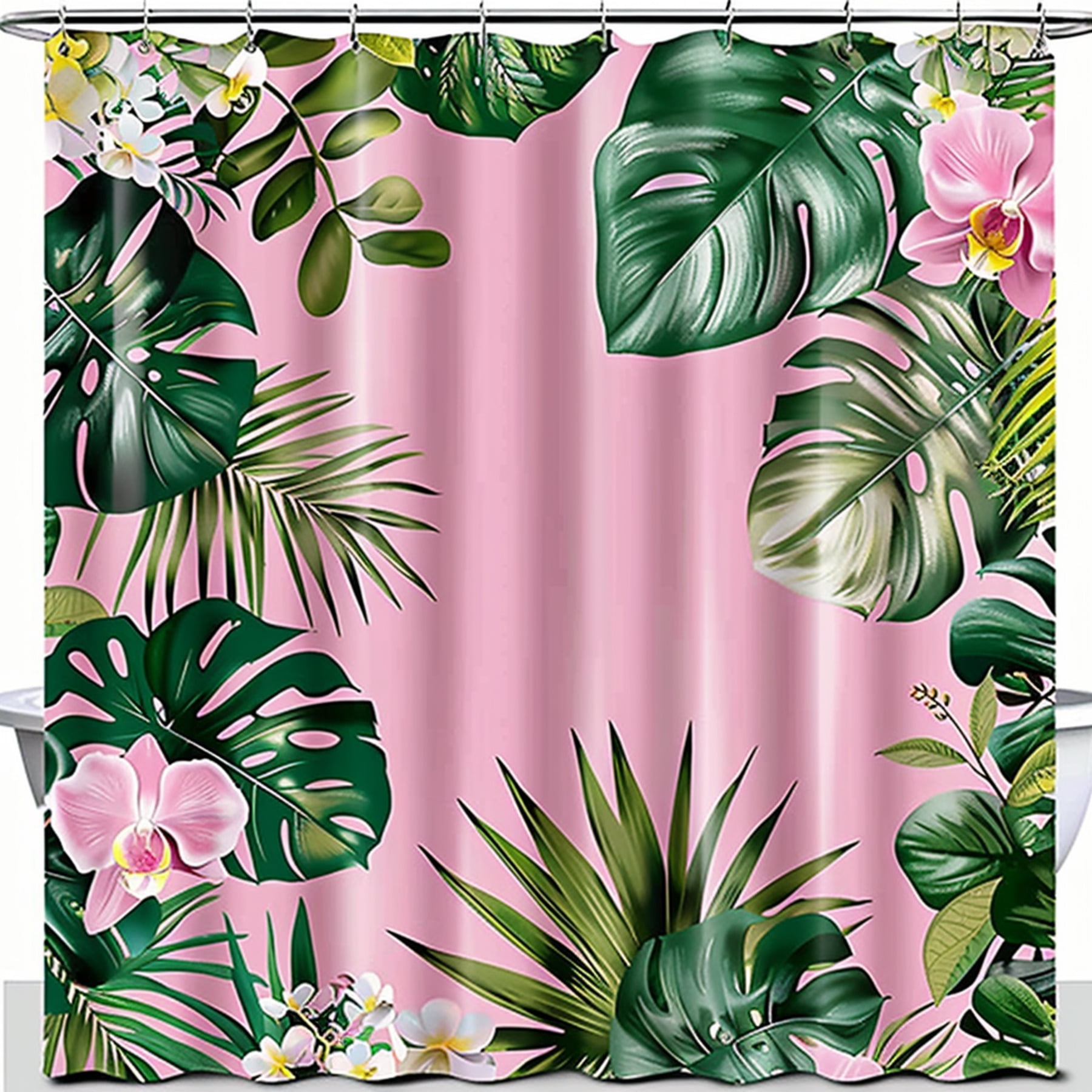 Tropical Pink Green Leaves Monstera Orchid Rainforest Bathroom Curtain Jungle Foliage Pattern