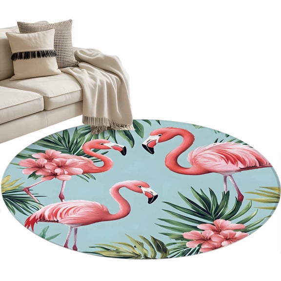 Tropical Pink Round Area Rug 4ft Flamingos Plants Althea Flower Palm Leaves Non-Slip Washable Circle Rugs Soft Felt Indoor Floor Mat for Bedroom Kitchen Living Room Bathroom
