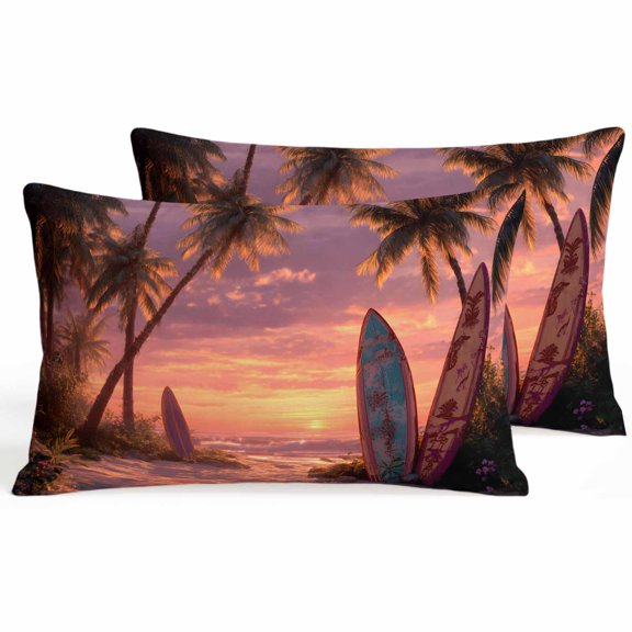 Tropical Pink Sunset Lumbar Pillow Covers 12 x 20 Inch Pillow Covers Set of 2 Decorative Beach Palm Trees Ocean Surfboard Cushion Case Cotton Linen Pillowcases with Zipper for Couch Sofa Bed