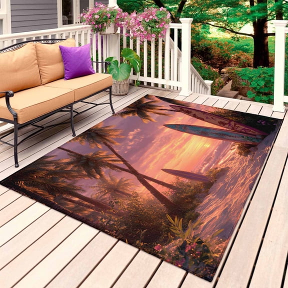 Tropical Pink Sunset Outdoor Rug for Patio/Deck/Porch, Non-Slip Large Area Rug 5 x 7 Ft, Beach Palm Trees Ocean Surfboard Indoor Outdoor Rugs Washable Area Rugs, Reversible Camping Rug Carpet Runner