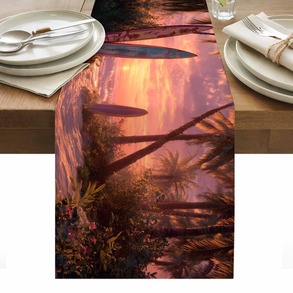 Tropical Pink Sunset Table Runner Beach Palm Trees Ocean Surfboard Tablerunners 13 x 60 Inch, Table Decorations Tabletop Scarf for Summer Gathering Holiday Farmhouse Kitchen Dining Decor