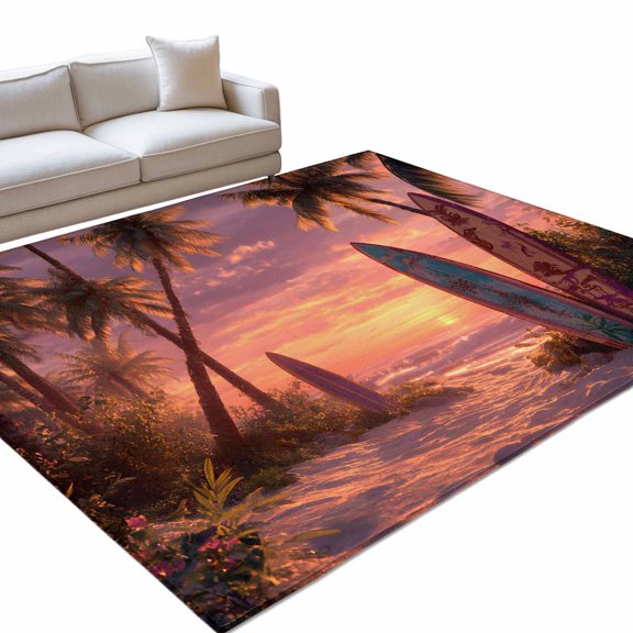 Tropical Pink Sunset Washable Rug 5x7 Area Rug for Living Room Bedroom Non Slip Indoor Floor Rectangle Carpet Low Pile Large Beach Palm Trees Ocean Surfboard Entryway Rugs for Dining Room Office Home