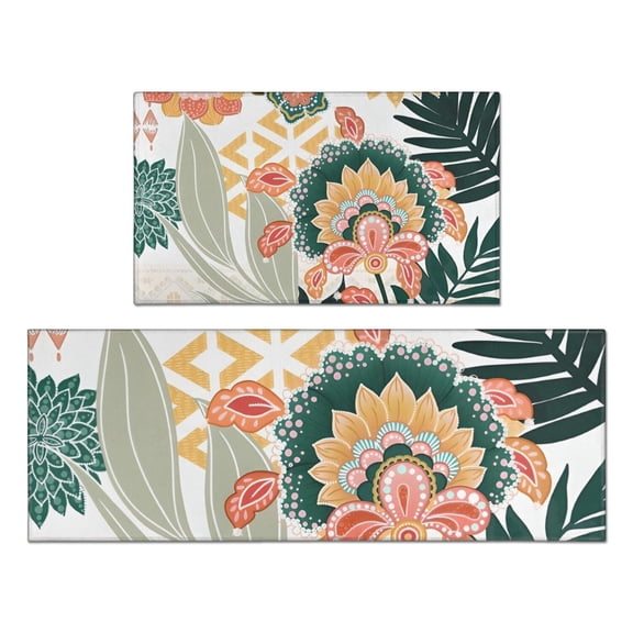 Tropical Pioneer Flower Pattern Kitchen Rugs Sets Of 2,Anti Fatigue Kitchen Mat Rugs Non Slip Washable,Decorative Kitchen Floor Mats for Kitchen,Sink,Laundry,17"x30"+17"x47"
