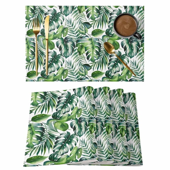 Tropical Placemats Set of 2, Cotton Linen Fabric Place Mats, Green Palm Leaf Summer Plant Washable Decorative Table Mats Protector for Home Kitchen Dining Wedding Party Coffee Tables