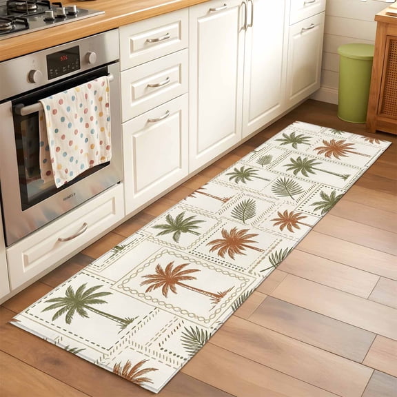 Tropical Plant 2x6 Runner Rug for Hallway Walkway Kitchen Galley, Green Palm Tree Brown Leaf Vintage Plaid Summer Low Pile Washable Non Slip Long Area Rug
