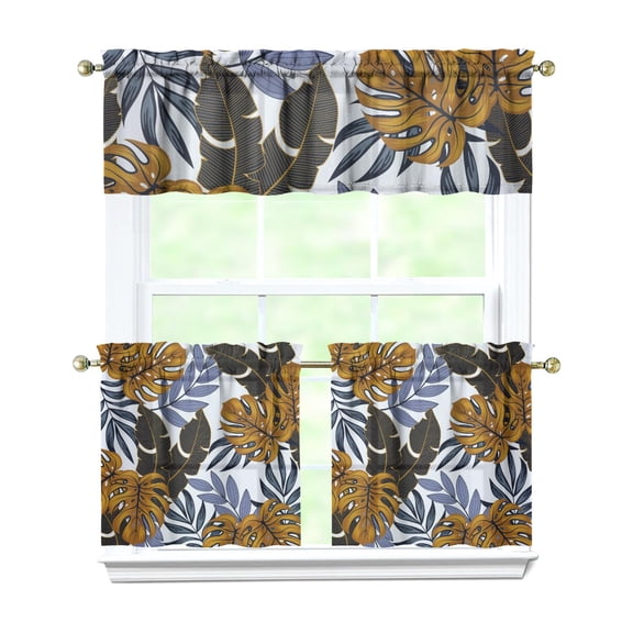 Tropical Plant 3-Piece Caf Curtains - Palm Inspired Semi-Sheer Valance & Tier Set