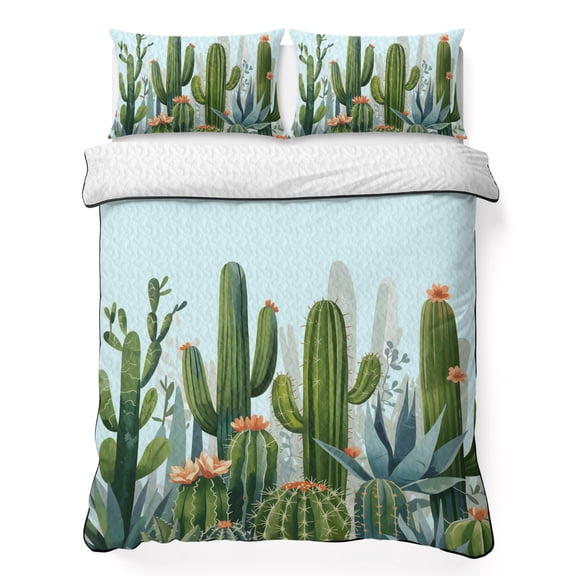 Tropical Plant 3 Piece Quilt Bedding Set with 2 Pillow Shams, Summer Cactus Lightweight Bedspread Coverlet, Soft Breathable All Season Quilt, 68 x 86 Inch