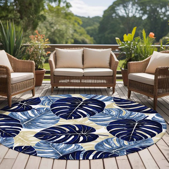 Tropical Plant 8ft Round Rug for Open Concept Living Room Seating Zone, Blue Palm Leaf Country Texture Washable Non Slip Large Circle Area Rug