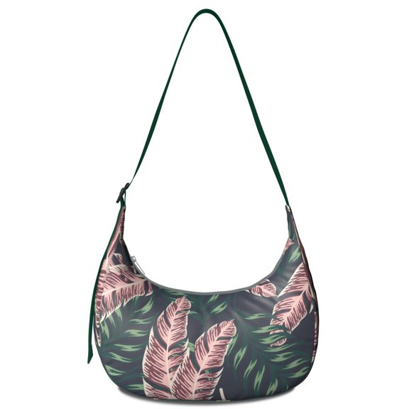 Tropical Plant Aloha Crossbody Bag for Women Hawaiian Jungle Leaves Corduroy Shoulder Purse with Adjustable Strap Palm Leaf Crescent Sling Bag