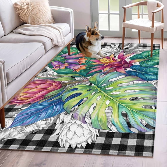 Tropical Plant Area Rugs 4'x6', Washable Small Throw Rugs for Office Bathroom, Summer Watercolor Botanical Palm Leaf Plaid Indoor Outdoor Rug Non-Slip Low Pile Carpet Runner Reversible Floor Mats