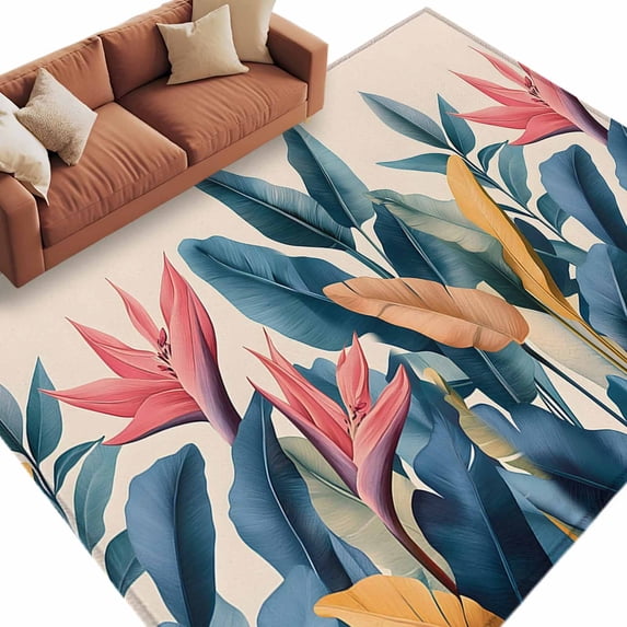 Tropical Plant Area&nbsp;Rug 6x9ft Watercolor Green Palm Leaf Red Flower Non-Slip&nbsp;Washable Square&nbsp;Rugs Soft Felt Indoor Floor Mat for Bedroom Kitchen Living Room Bathroom