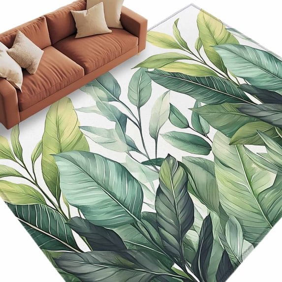 Tropical Plant Area Rug 8x10ft Vintage Watercolor Green Palm Leaves Non-Slip Washable Square Rugs Soft Felt Indoor Floor Mat for Bedroom Kitchen Living Room Bathroom