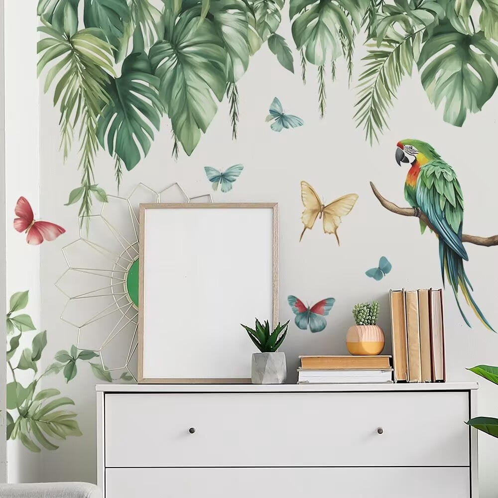 Tropical Plant Birds Wall Decals Stickers, Palm Leaves Parrot Toucan Home Bedroom Decor, Hanging Vines Hibiscus Flower Living Room Kitchen Decorations Art