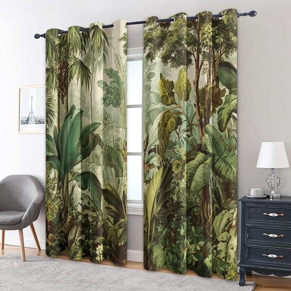 Tropical Plant Blackout Curtains, Jungle Rainforest Printed Thermal Insulated Curtains, Room Darkening Grommet Window Treatments for Bedroom And Living Room Decor 53"W x 84"L (Pack of 2)