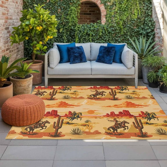 Tropical Plant Cactus Indoor Outdoor Rugs 3x5 Ft, Western Cowboy Horse Sunset Desert Ethnic Outdoor Patio Rugs Mat Washable Outside Area Rugs Carpet for Porch Deck RV Camping Pool Balcony Backyard