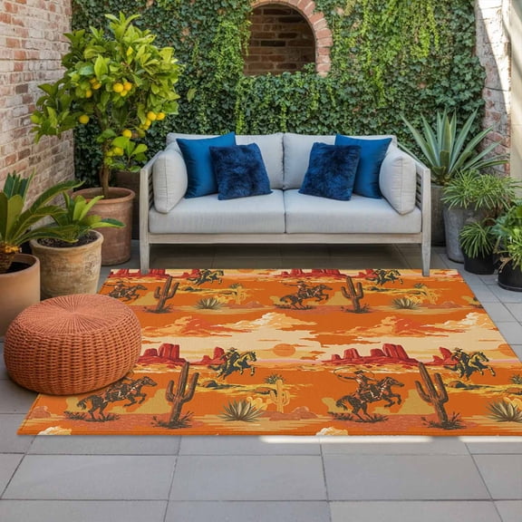 Tropical Plant Cactus Indoor Outdoor Rugs 5x7 Ft, Western Cowboy Horse Sunset Deserts Orange Outdoor Patio Rugs Mat Washable Outside Area Rugs Carpet for Porch Deck RV Camping Pool Balcony Backyard