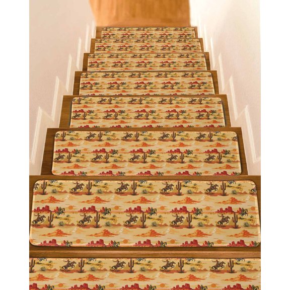 Tropical Plant Cactus Non-Slip Stair Treads for Wooden Steps Western Cowboy Horse Sunset Desert Ethnic Indoor Carpet Stair Runners 15PCS 8x30 in with Adhesive for Pets and Seniors