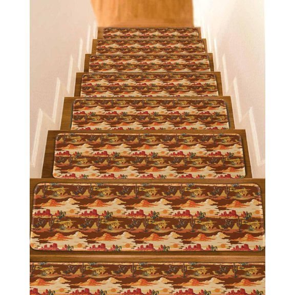 Tropical Plant Cactus Non-Slip Stair Treads for Wooden Steps Western Cowboy Horse Sunset Deserts Brown Indoor Carpet Stair Runners 7PCS 8x30 in with Adhesive for Pets and Seniors