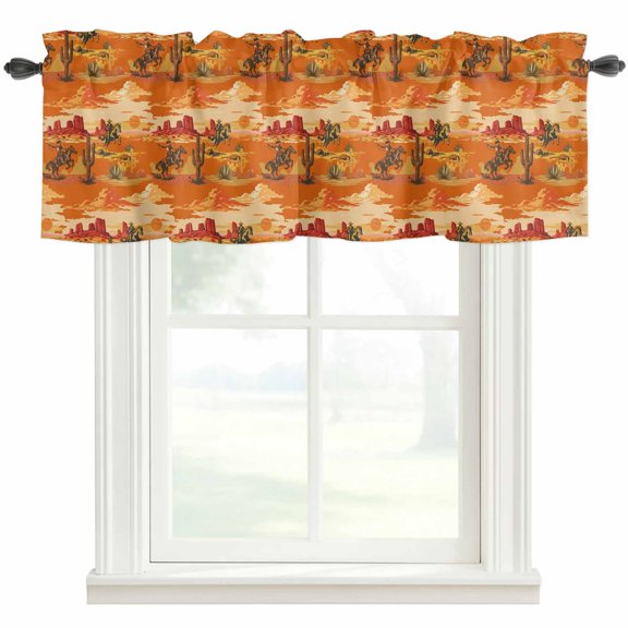 Tropical Plant Cactus Valances for Windows Western Cowboy Horse Sunset Deserts Orange Rod Pocket Curtain Valance Window Treatment Short Curtains for Kitchen Living Room, 42"x18"
