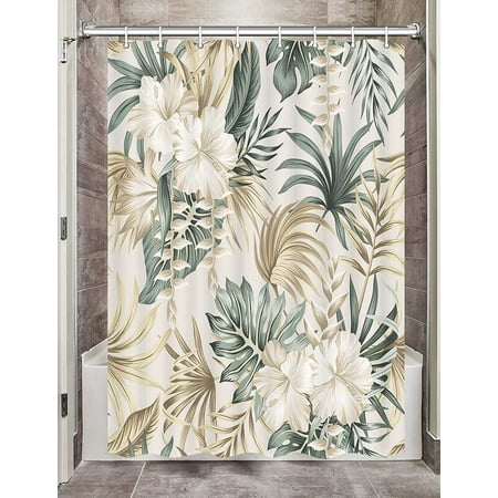 Tropical Plant Camper RV Shower Curtain for Travel Trailer Bathroom, Sage Green Leaves Beige Camping Narrow Shorter Fabric Shower Curtains Set, Happy Camp Outdoor Decor Accessories with Hooks 47X64