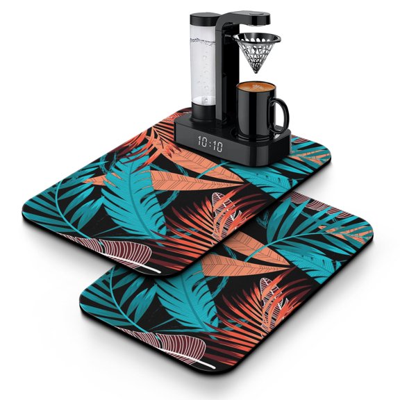 Tropical Plant Coffee Mat, Vibrant Absorbent Dish Drying Pad for Kitchen Counter, Hawaiian Palm Leaf Diatom Mud Mat, Under Coffee Maker Decor