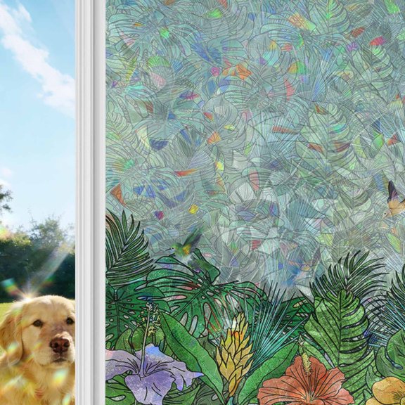 Tropical Plant Colorful Floral Window Privacy Film Stain Glass,Reusable Decorative Rainbow Window Film,Fern Print Summer Birds Static Cling Sun Blocking Stickers Decals Covers 19.6" x 39.3" (2pcs)