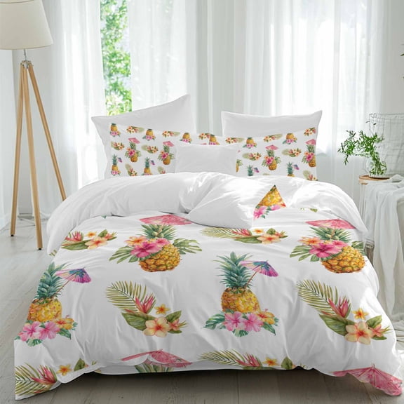 Tropical Plant Comforter Set Queen Size, Pineapple Pink Flowers Umbrella Summer Modern Soft Bedding Set for Man Woman, 4 Pieces Duvet Cover Set with Fitted Sheet, 2 Pillowcases