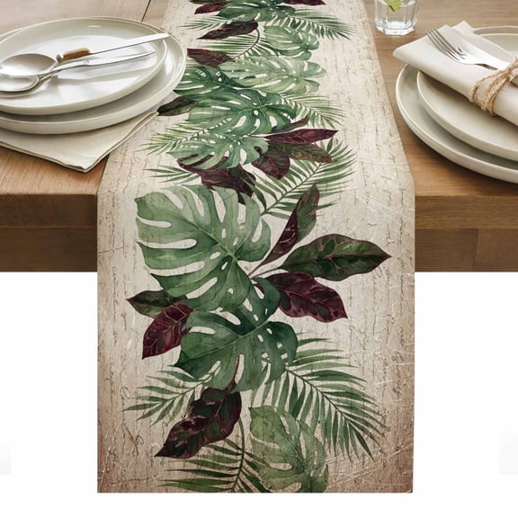 Tropical Plant Cotton Linen Table Runner Summer Watercolor Monstera Letter Paper Background Dining Table Runners for Home Decor Party Dining Room Restaurant Kitchen Party 13" x 36"