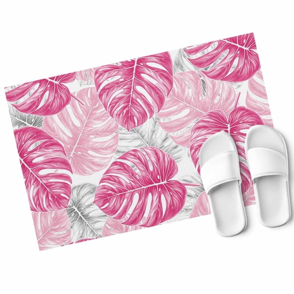 Tropical Plant Door Mat Pink Palm Leaf Country Texture Non Slip Absorbent Entrance Mat Washable Low Profile Indoor Doormat for Front Door Entryway Entry 16"x24"